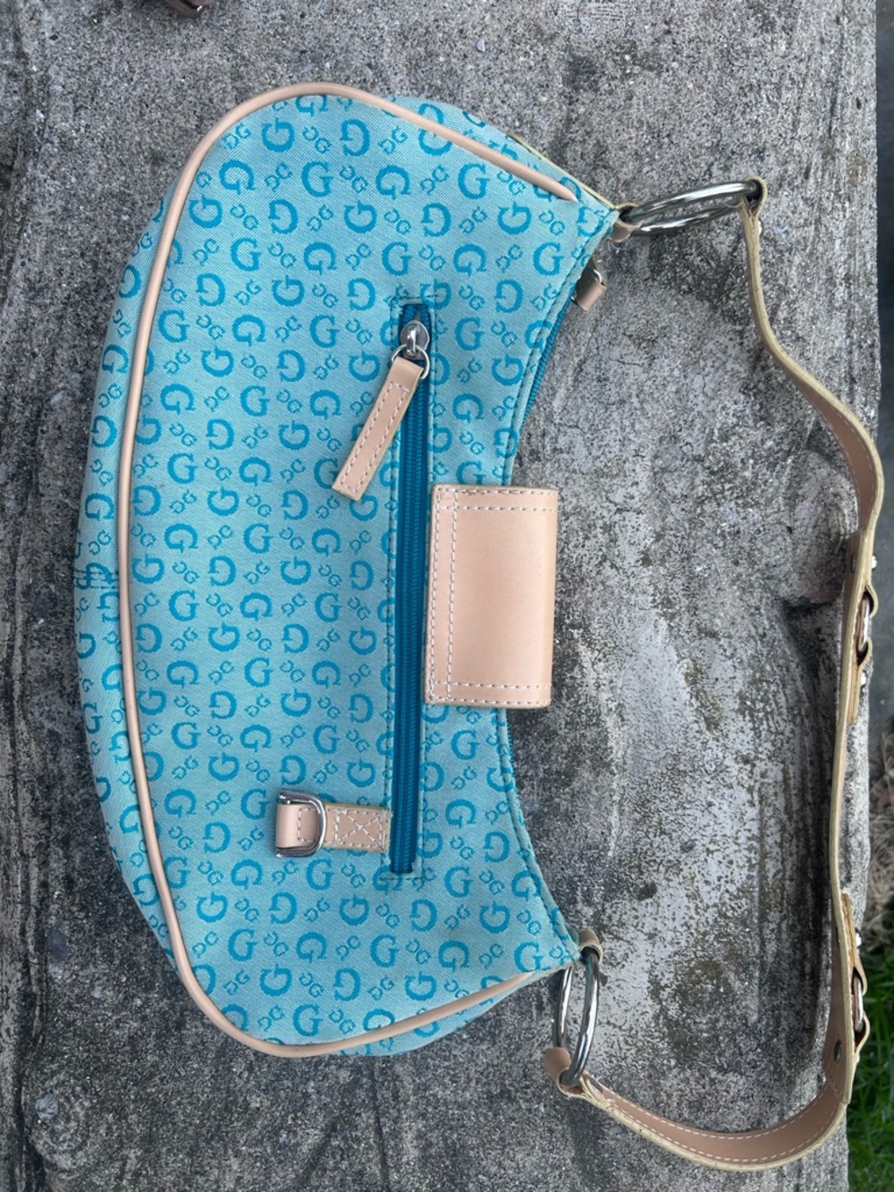 Guess Blue Logo Monogram Shoulder Bag with Tan Trim - Picture 3 of 5